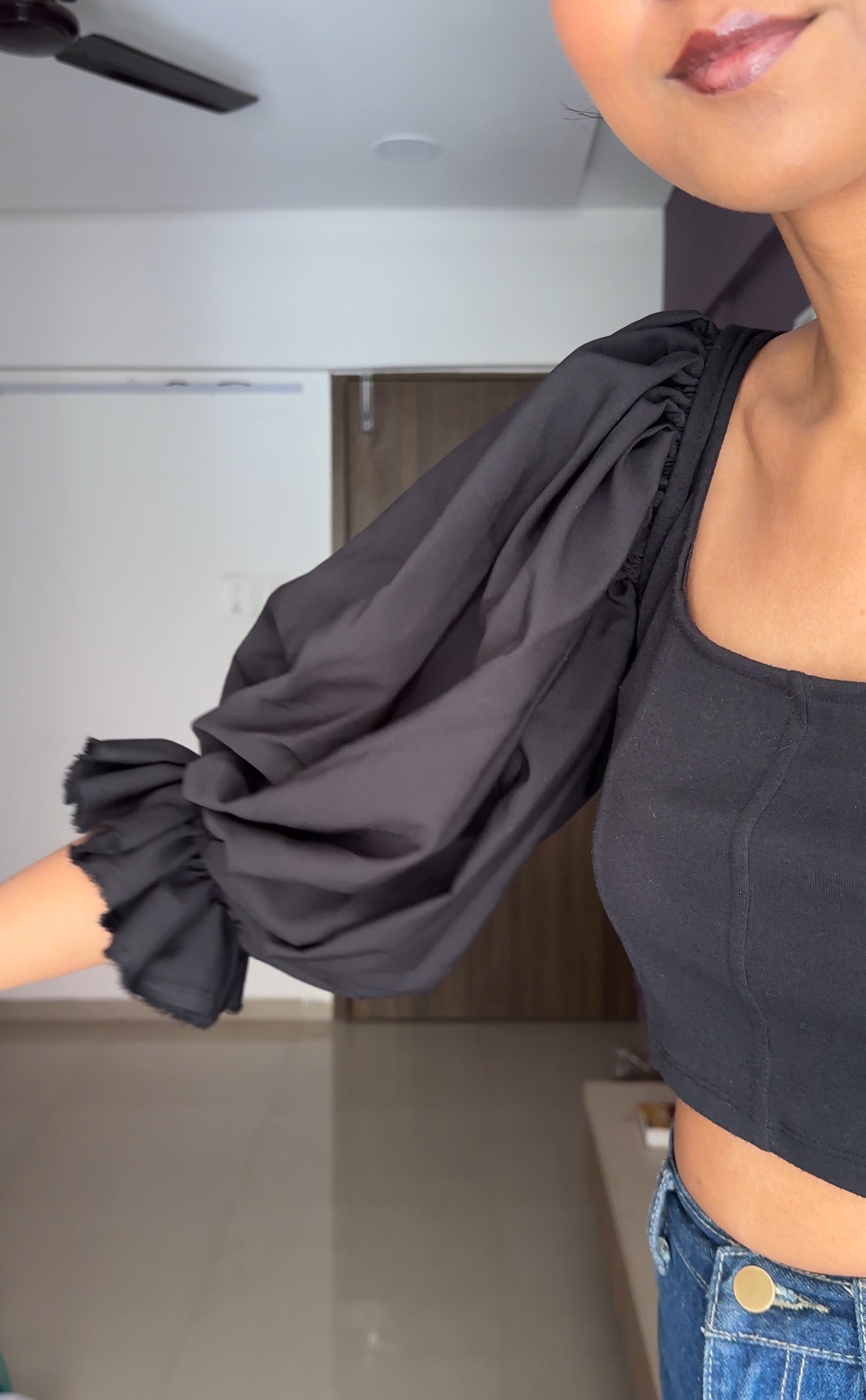 Crepe Black Puff Sleeves