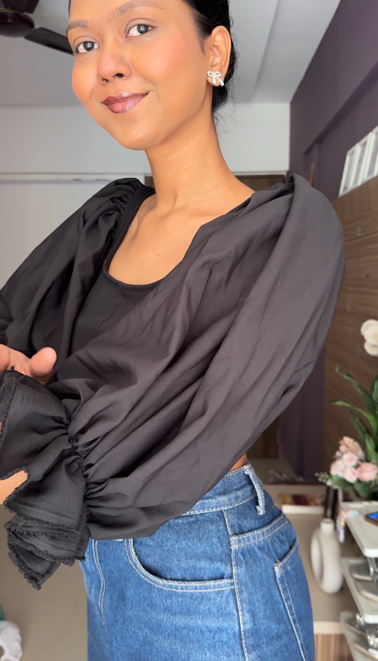 Crepe Black Puff Sleeves