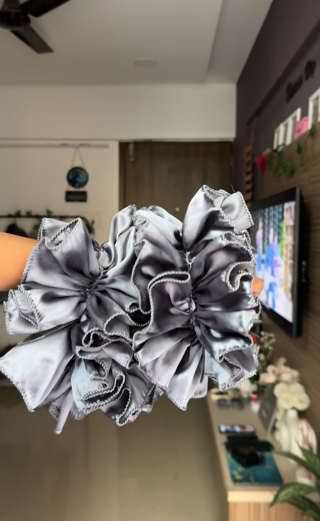 Grey Satin Ruffle Sleeves