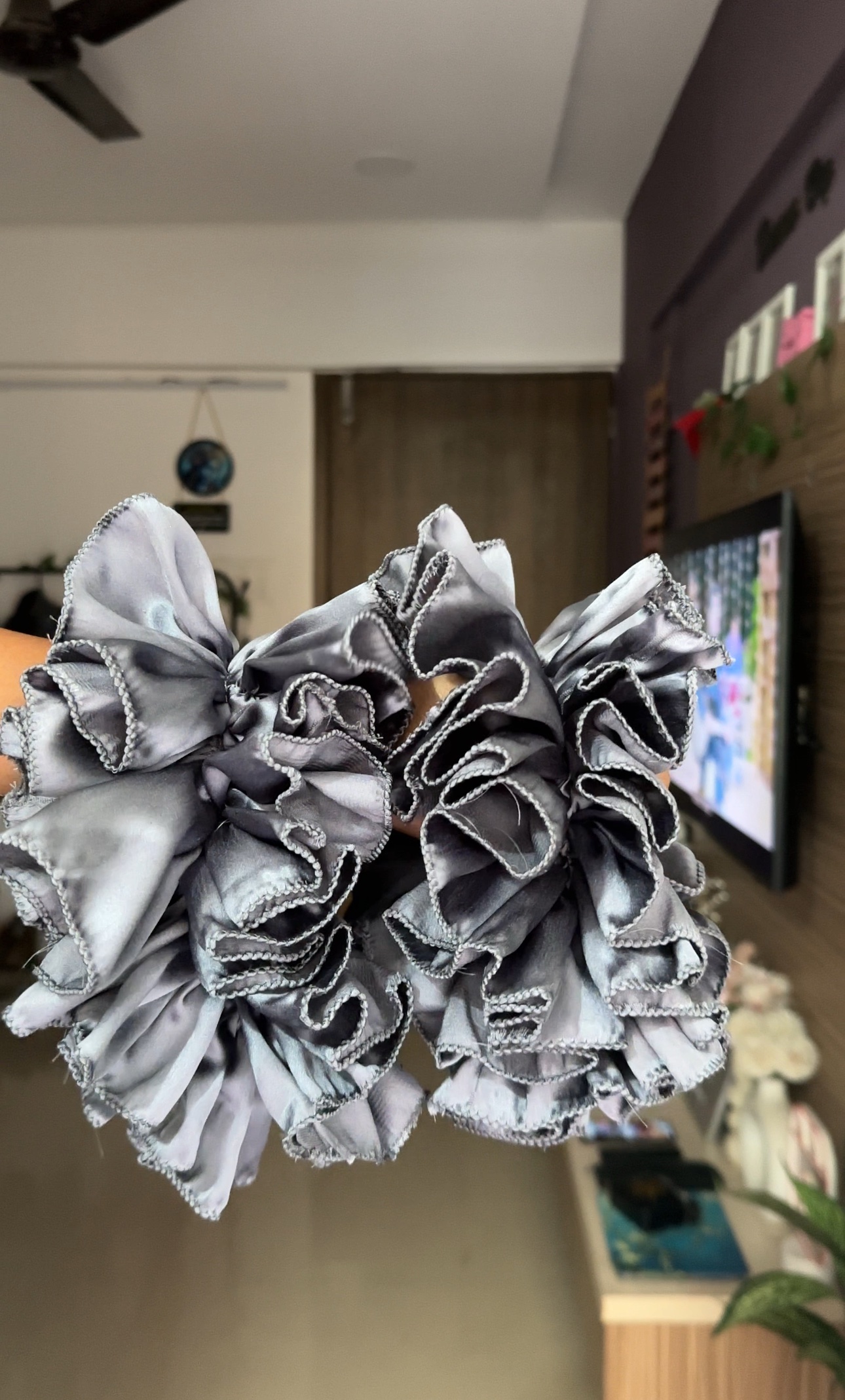 Grey Satin Ruffle Sleeves