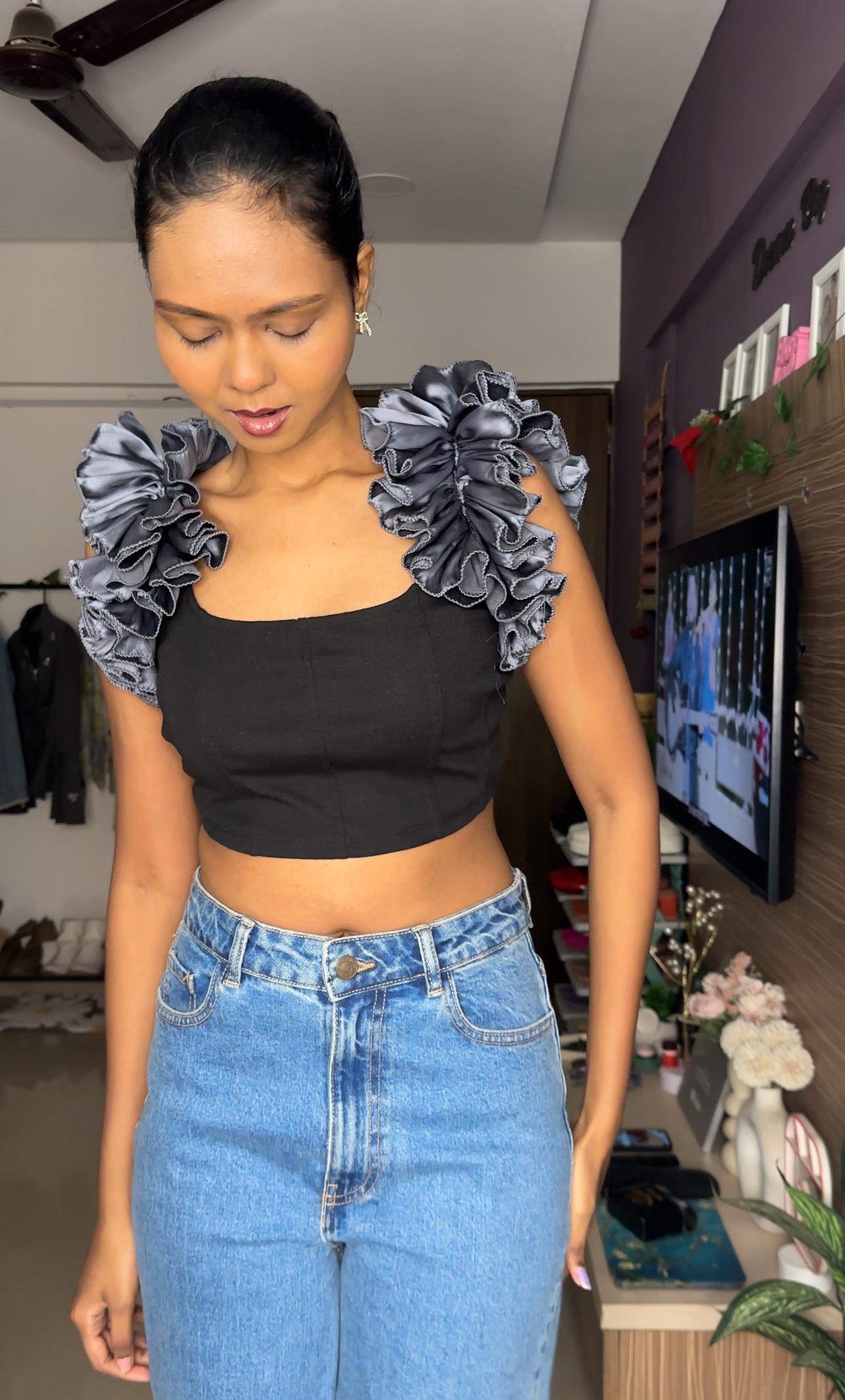 Grey Satin Ruffle Sleeves