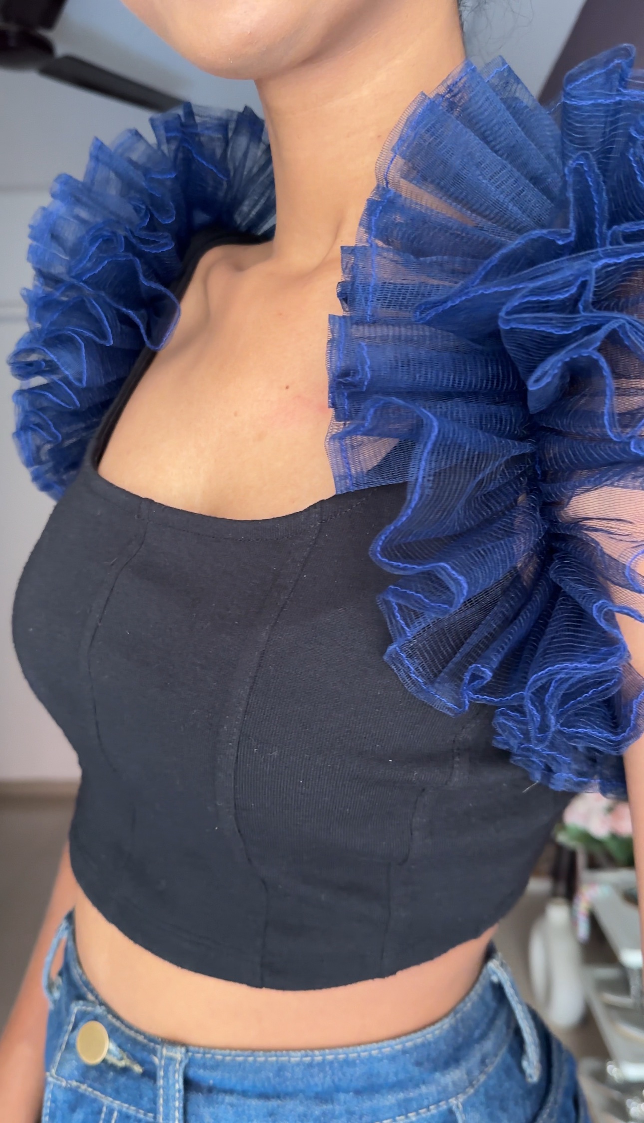 Electric Blue Colour Net Ruffle Sleeves