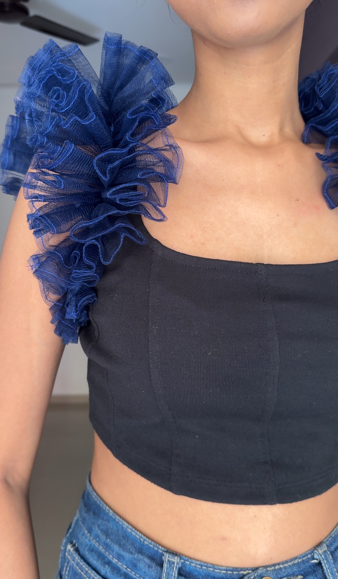 Electric Blue Colour Net Ruffle Sleeves
