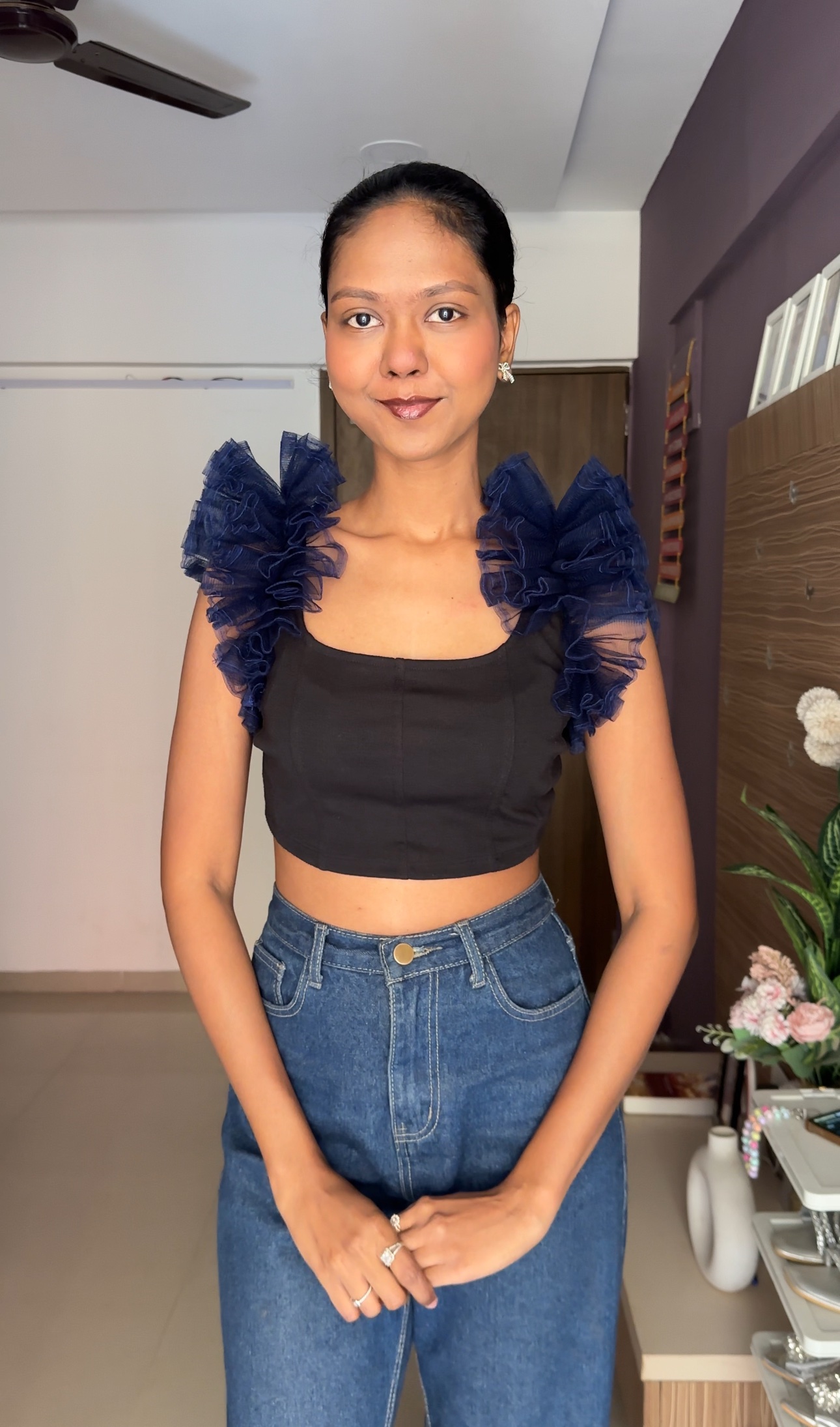 Electric Blue Colour Net Ruffle Sleeves