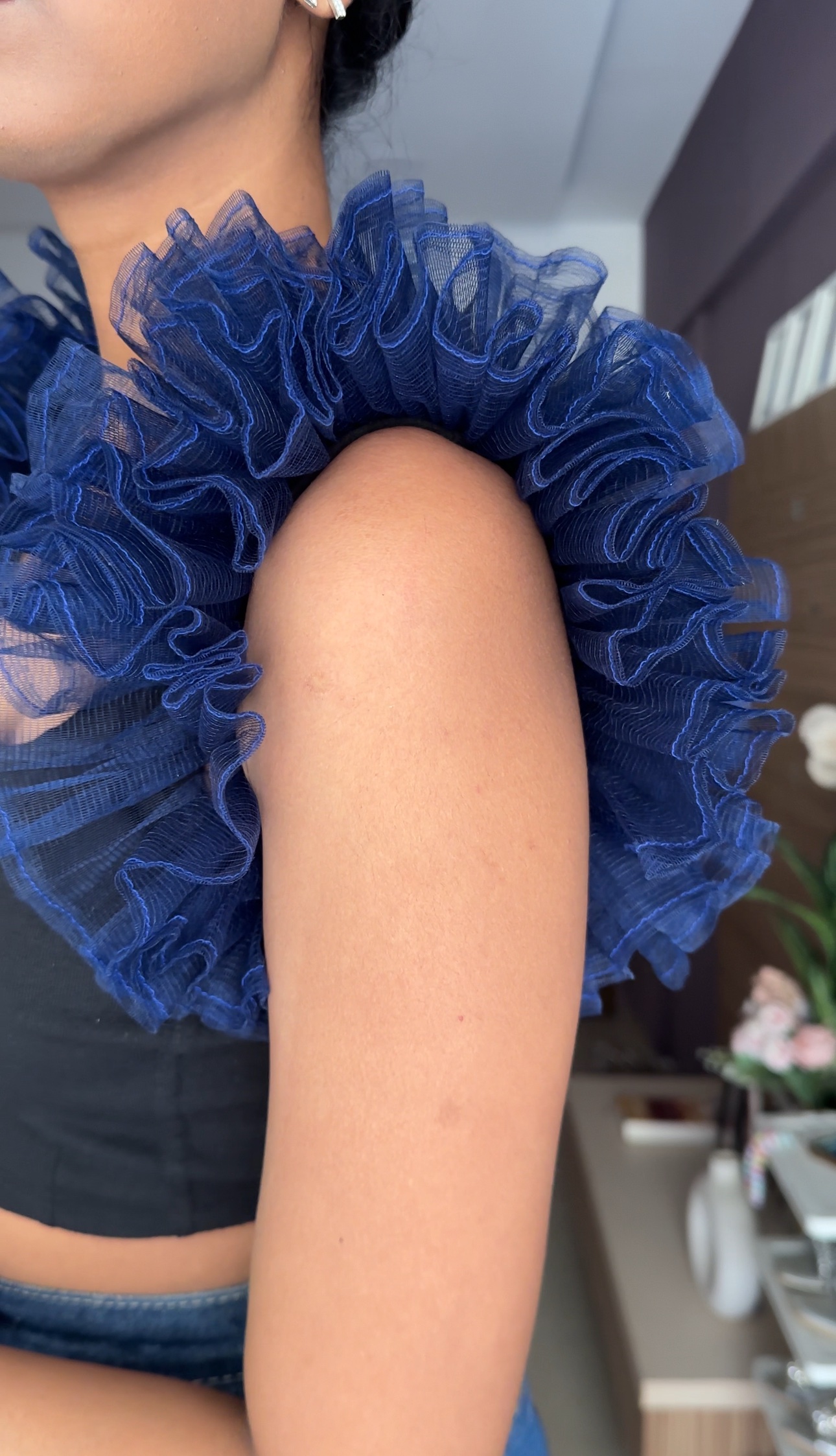 Electric Blue Colour Net Ruffle Sleeves