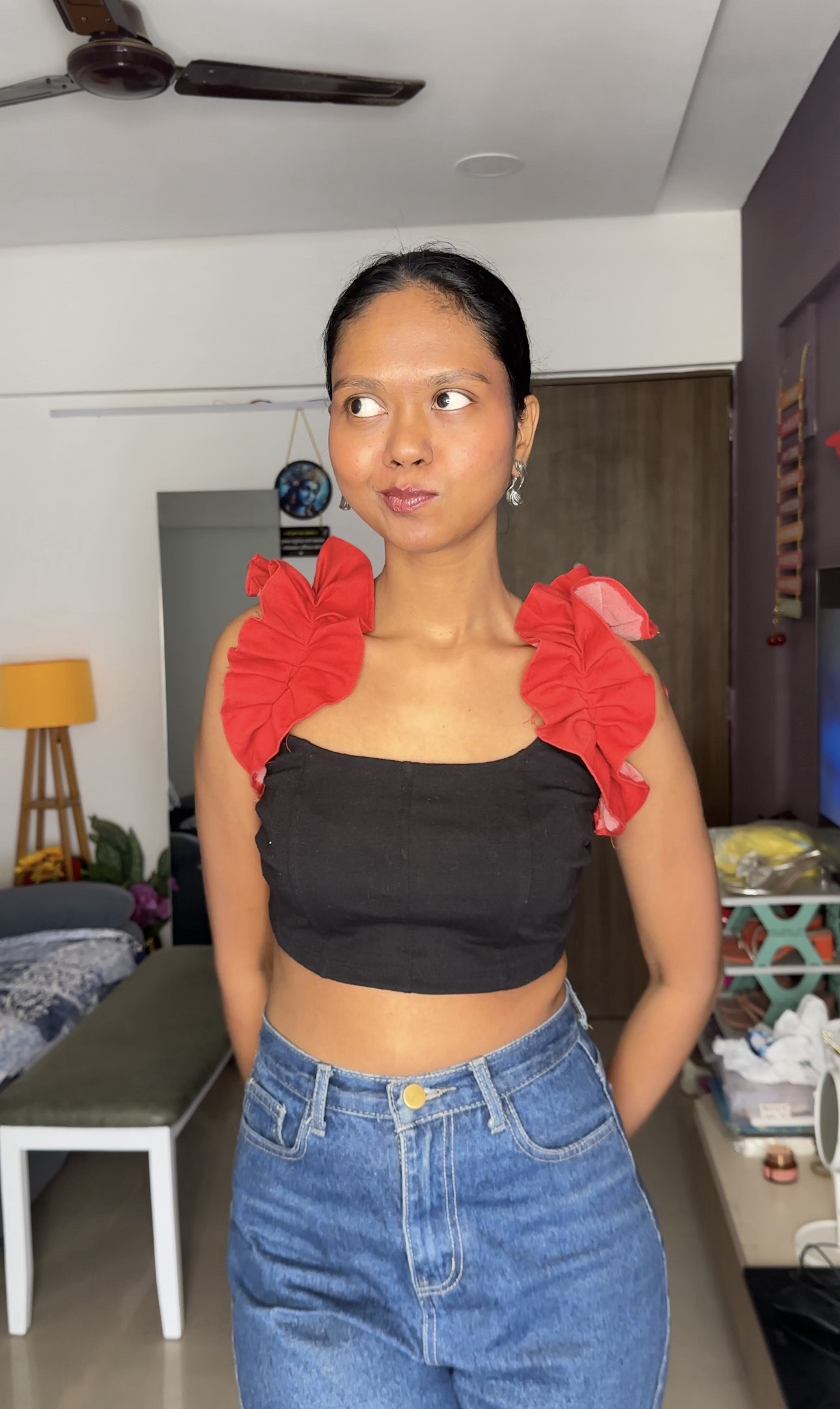 Red Denim Ruffle Sleeves