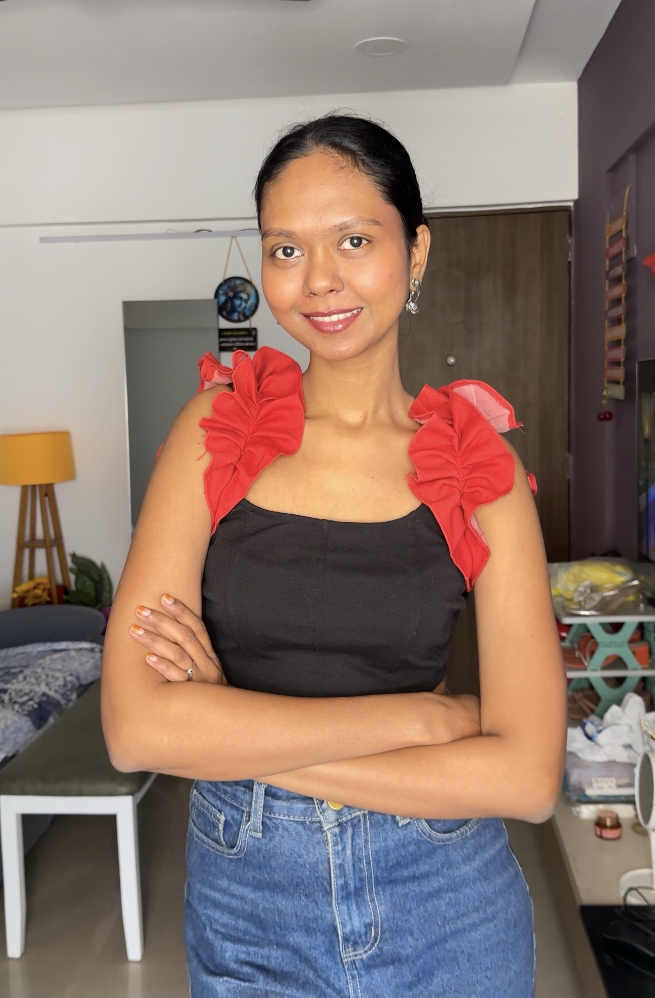 Red Denim Ruffle Sleeves
