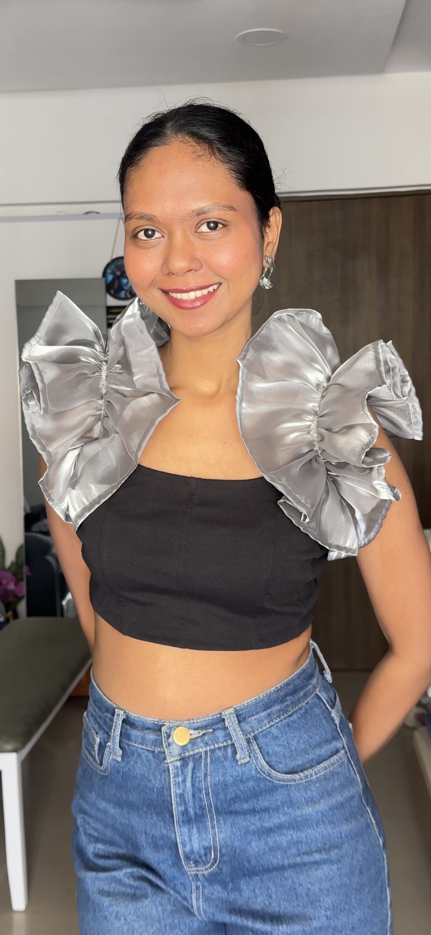 Silver organza ruffle sleeves