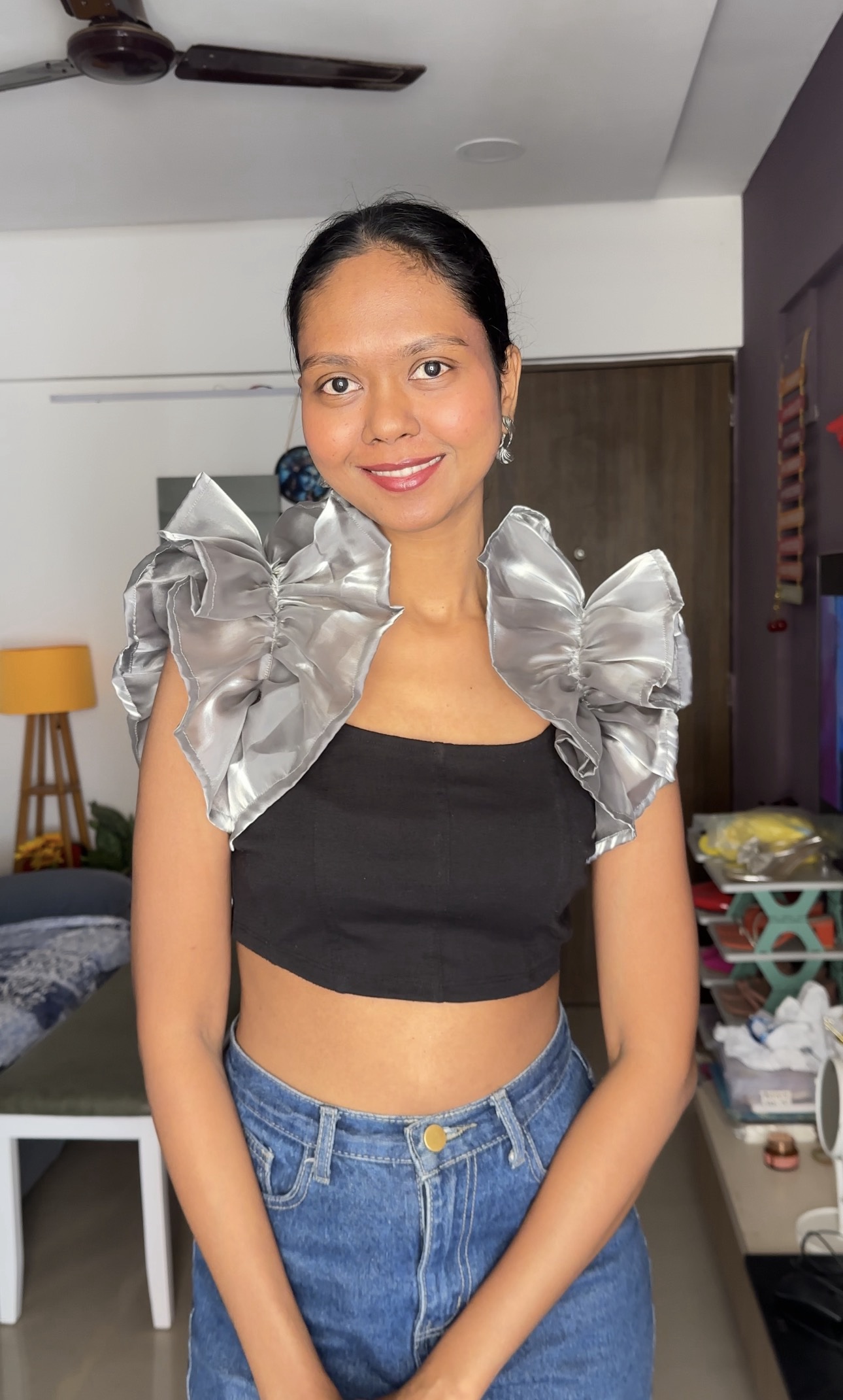 Silver organza ruffle sleeves
