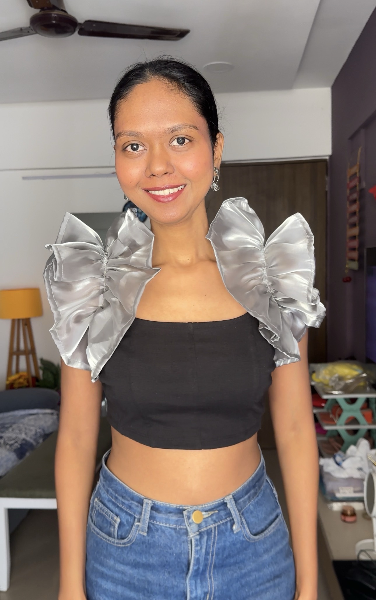 Silver organza ruffle sleeves