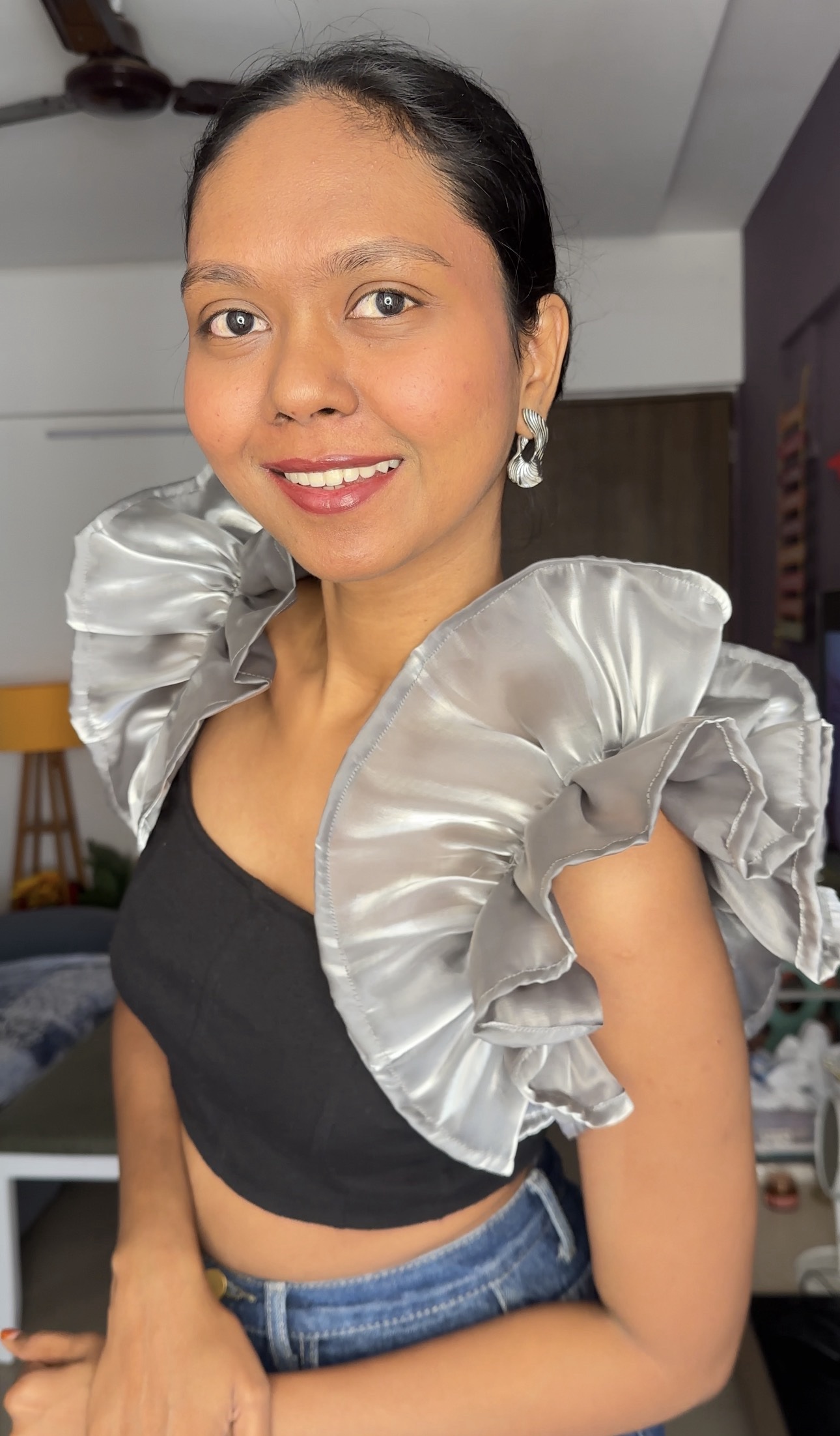 Silver organza ruffle sleeves