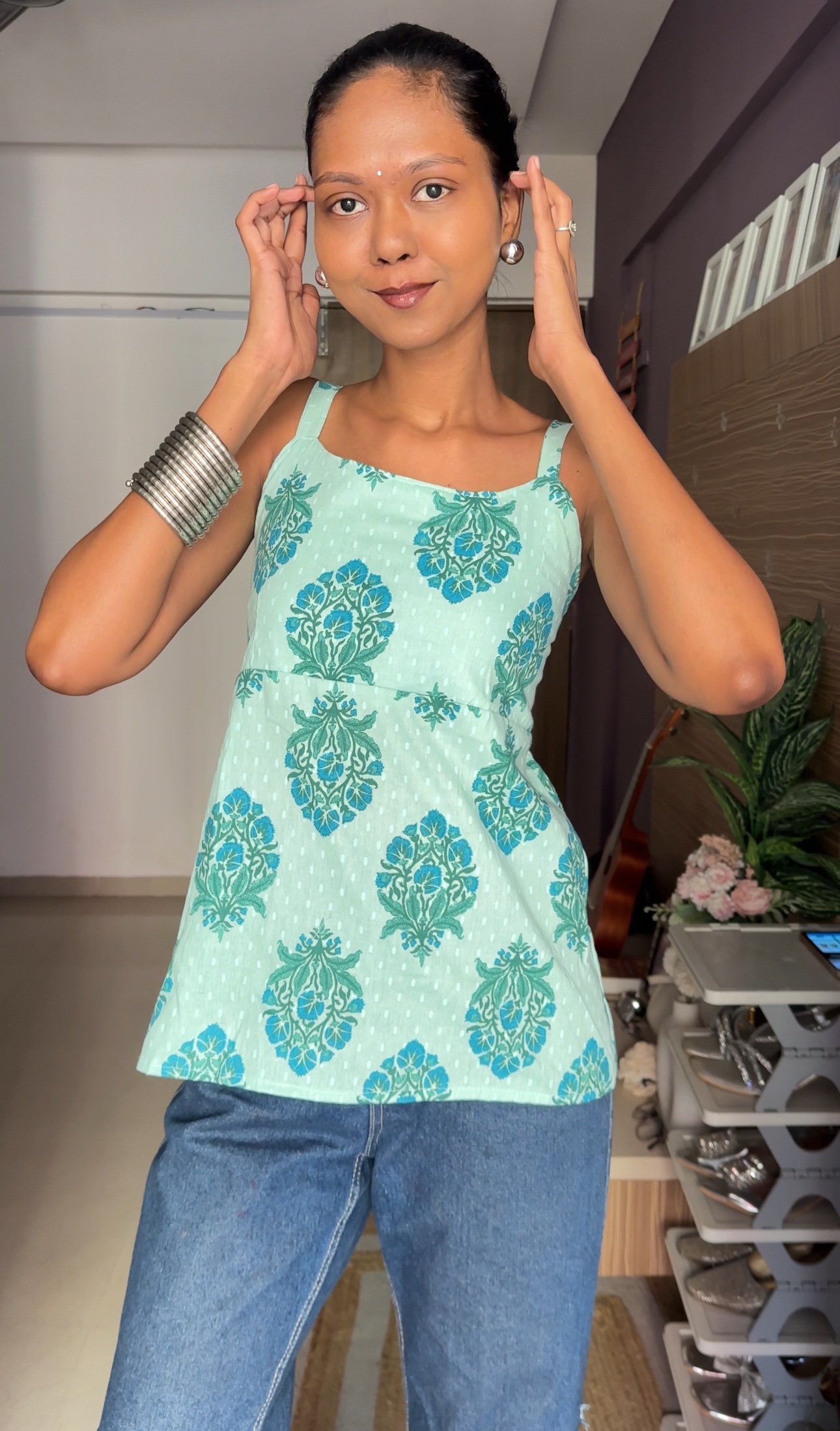 Baby Teal Cotton Short Kurti