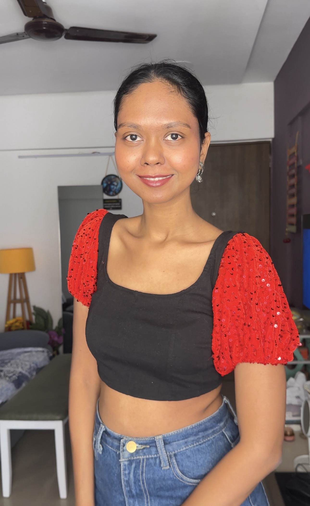 Red Sequin Short Puff Sleeves
