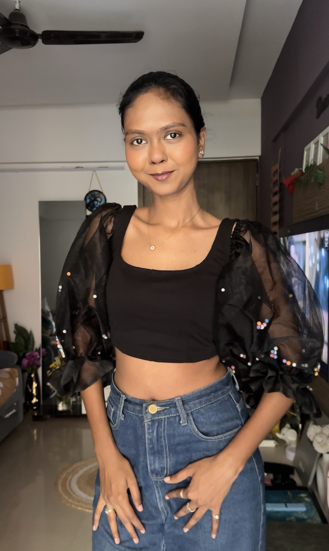 Black Net Ball Puff Sleeves