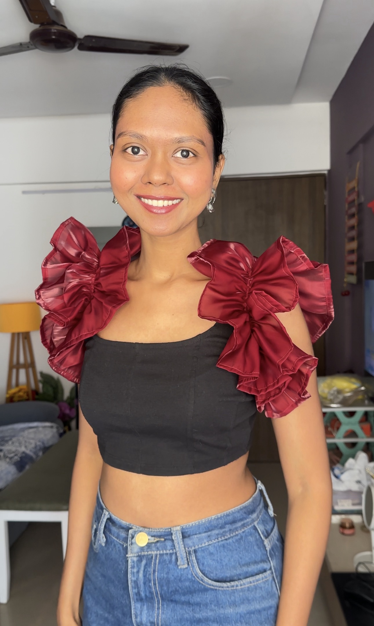 Maroon organza ruffle sleeves