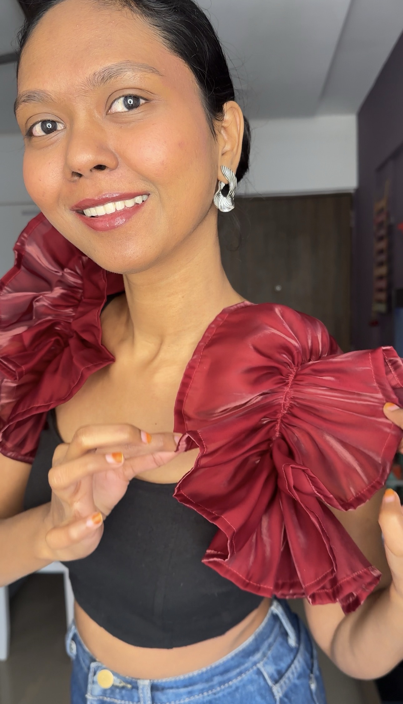 Maroon organza ruffle sleeves