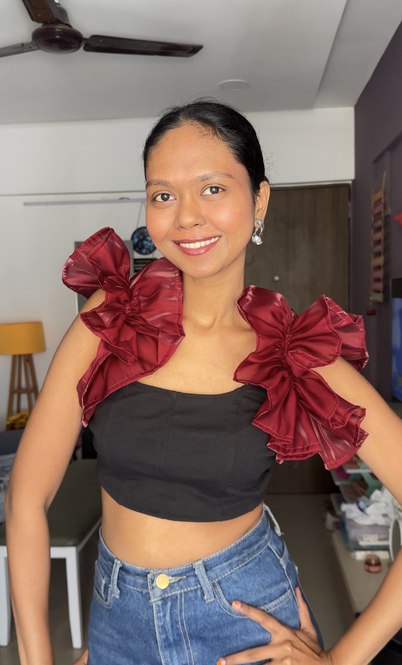 Maroon organza ruffle sleeves