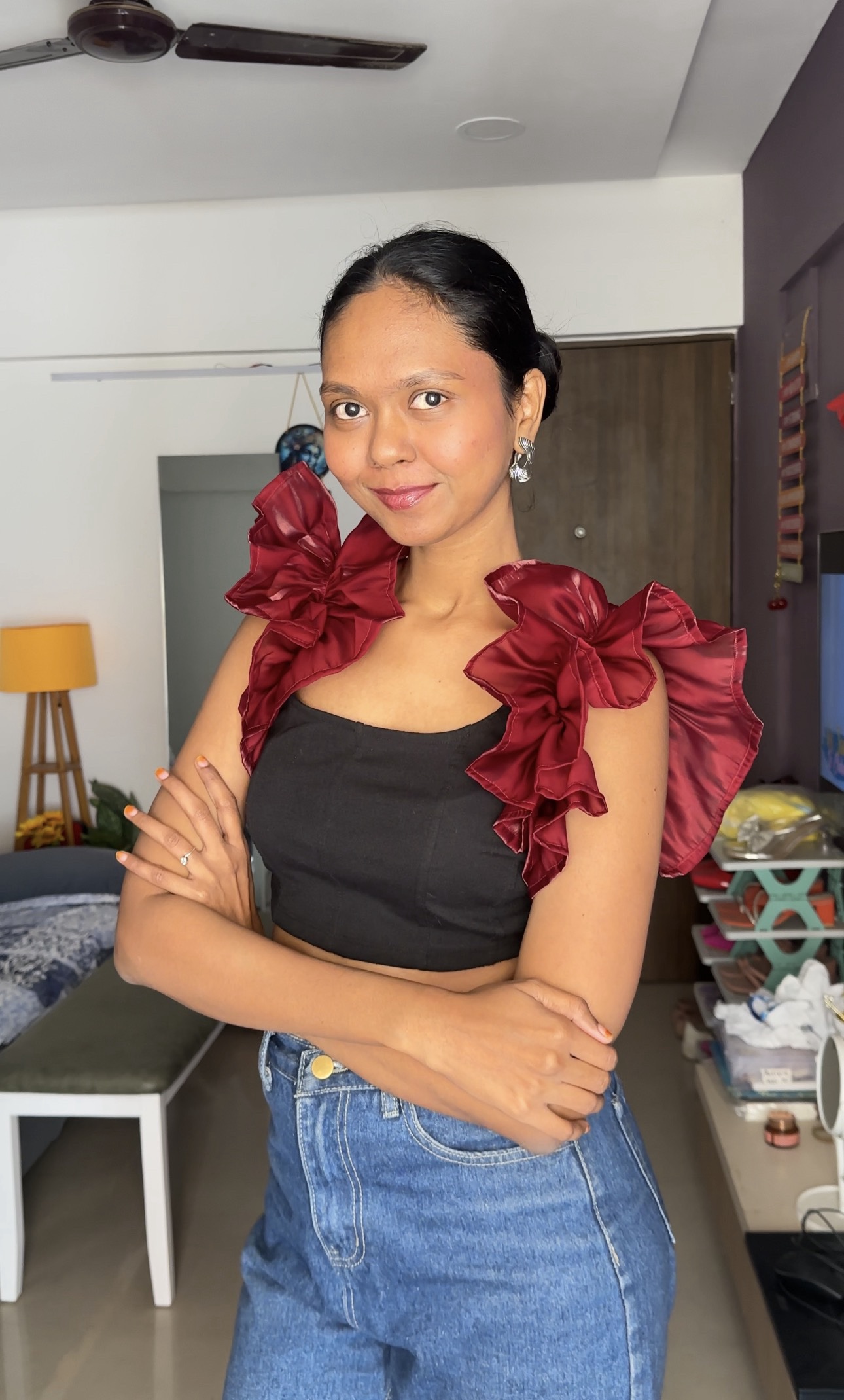 Maroon organza ruffle sleeves