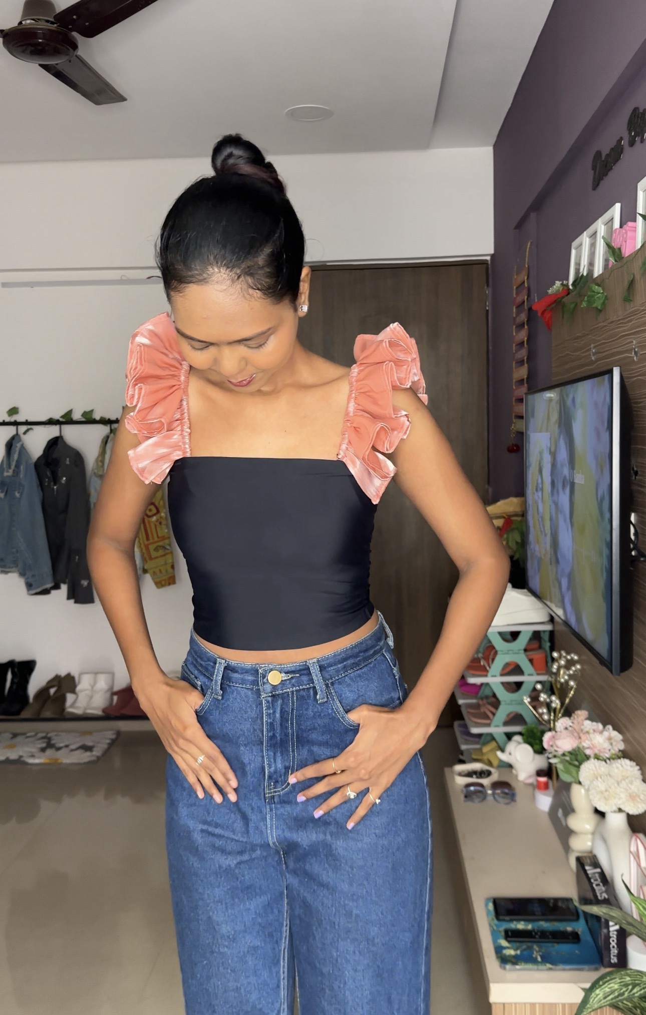 Peach Organza Ruffle Detachable Bra Straps Sleeves