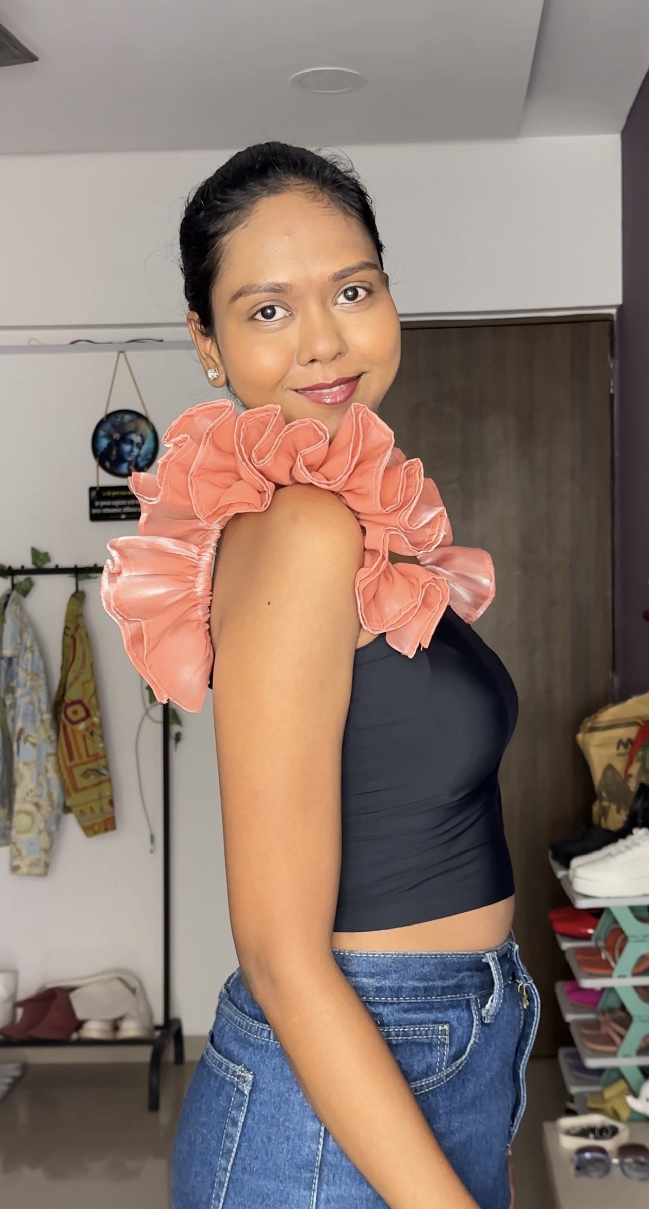 Peach Organza Ruffle Detachable Bra Straps Sleeves