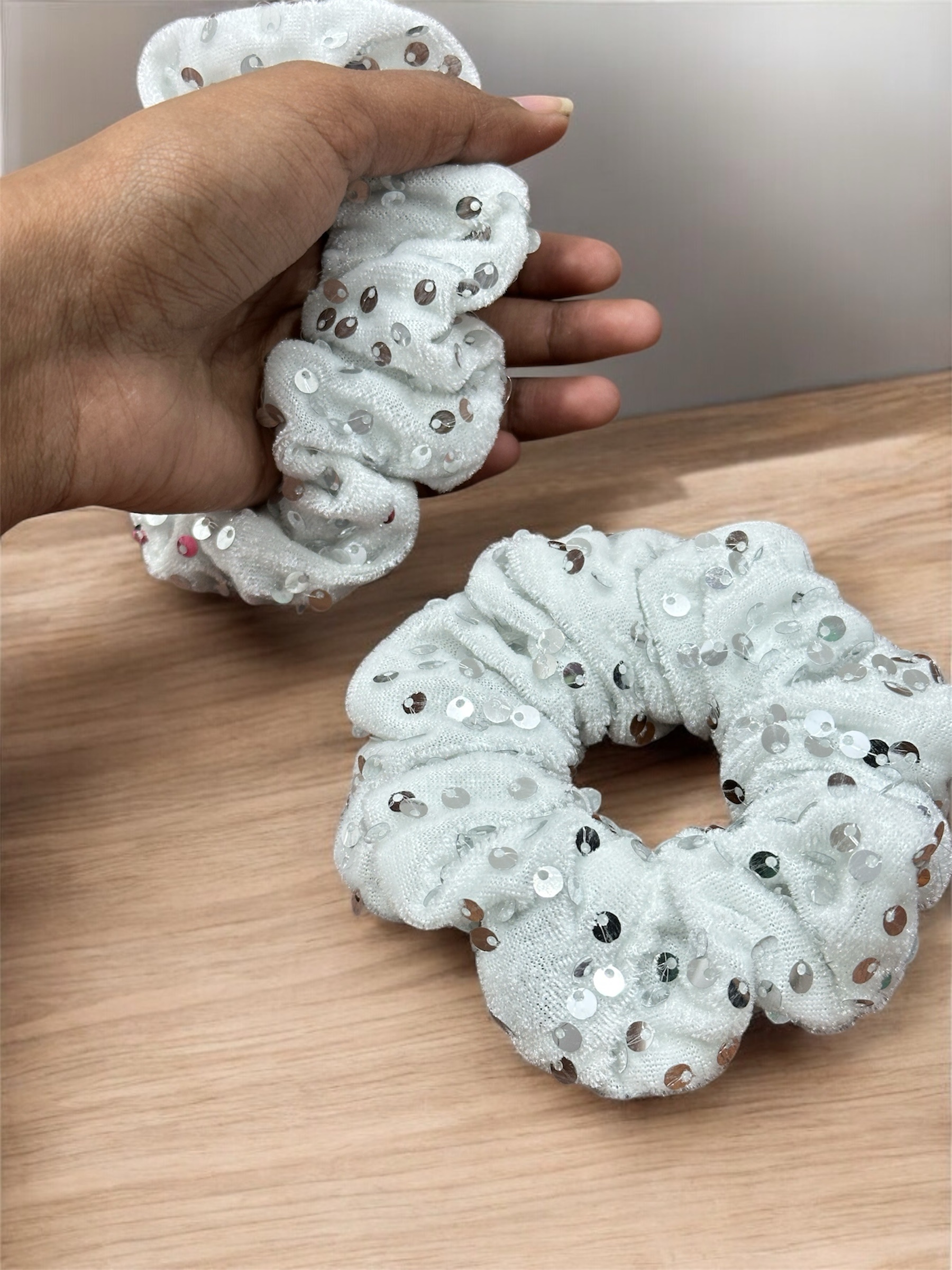 Set of 2 White Sequin Scrunchie