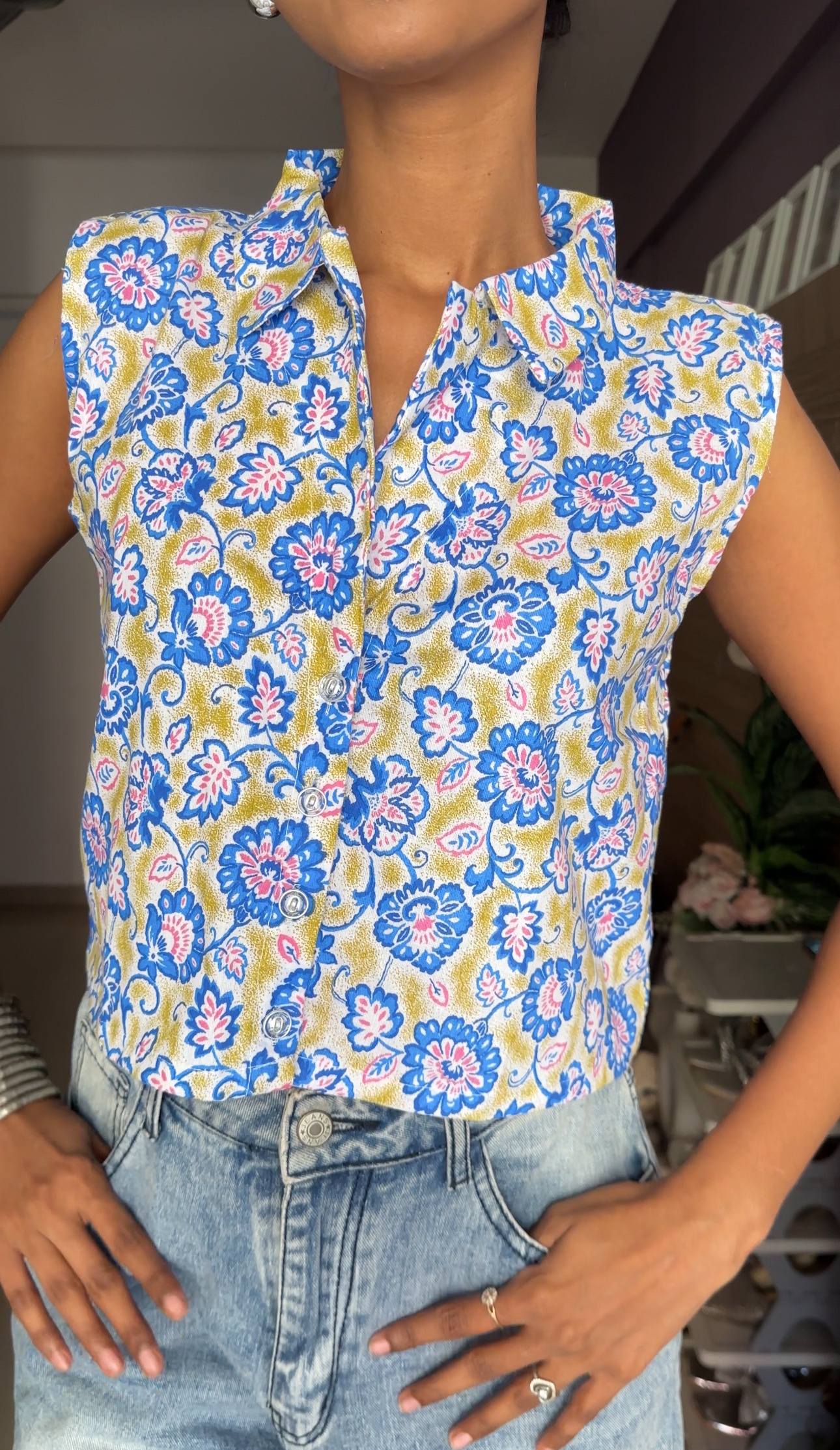 Blue Floral Cotton Waistcoat