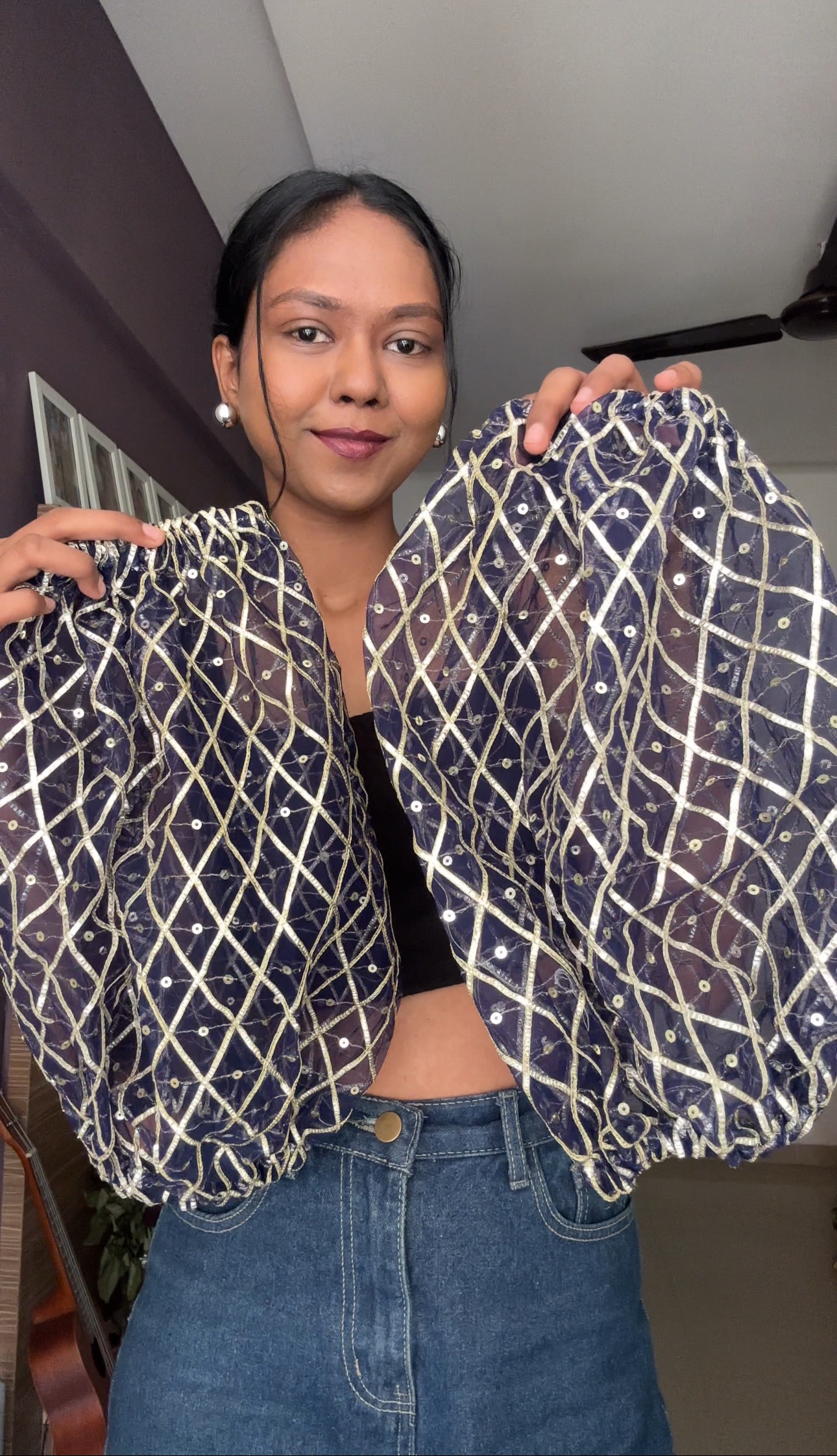 Navy Blue Sequin Detachable Sleeves