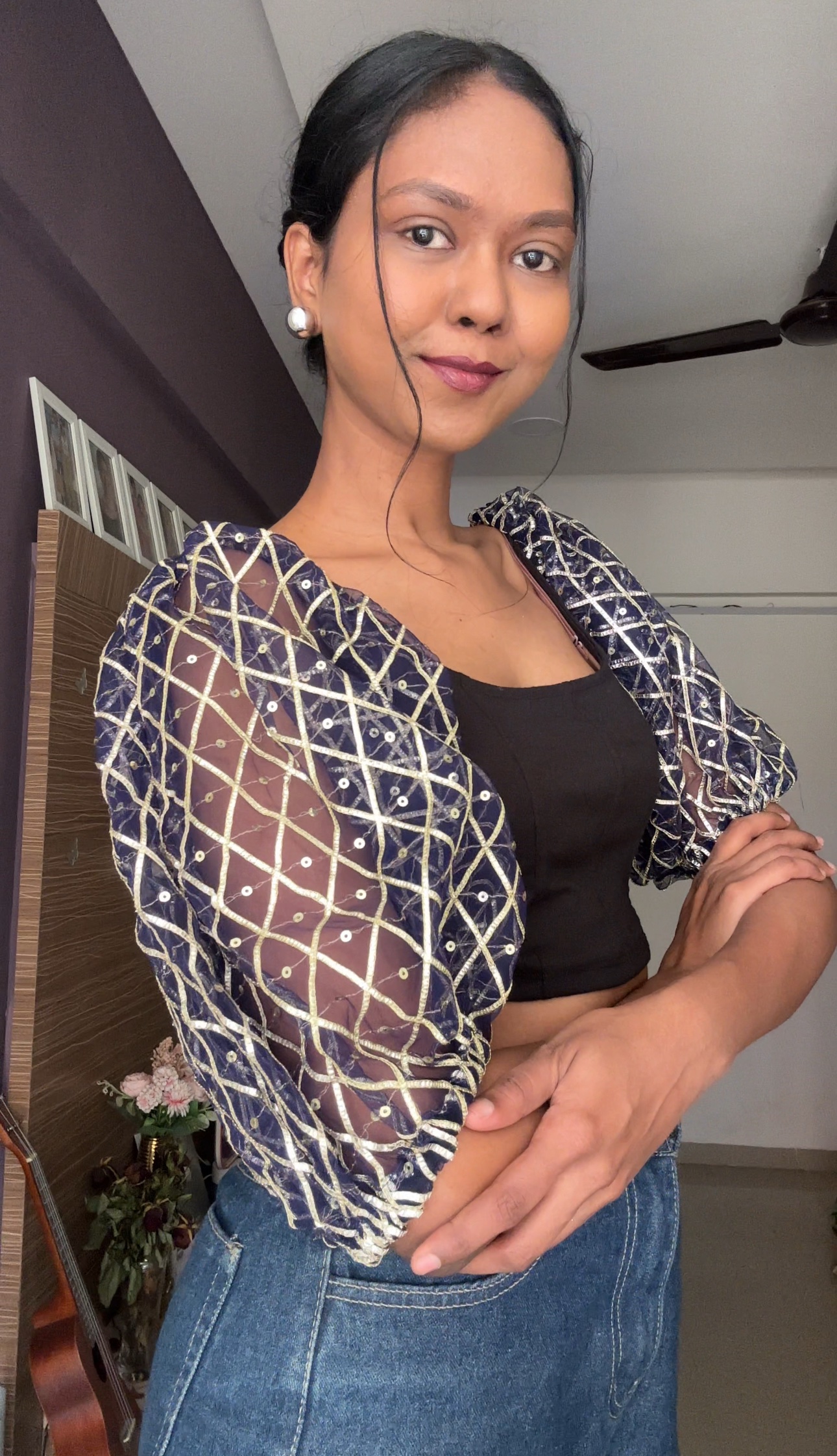 Navy Blue Sequin Detachable Sleeves