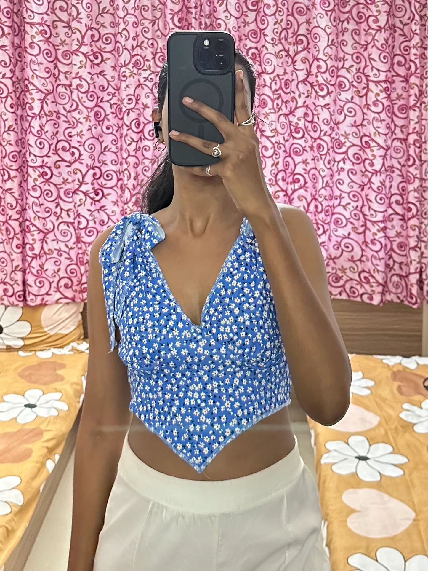 Blue Floral Tie Up Top