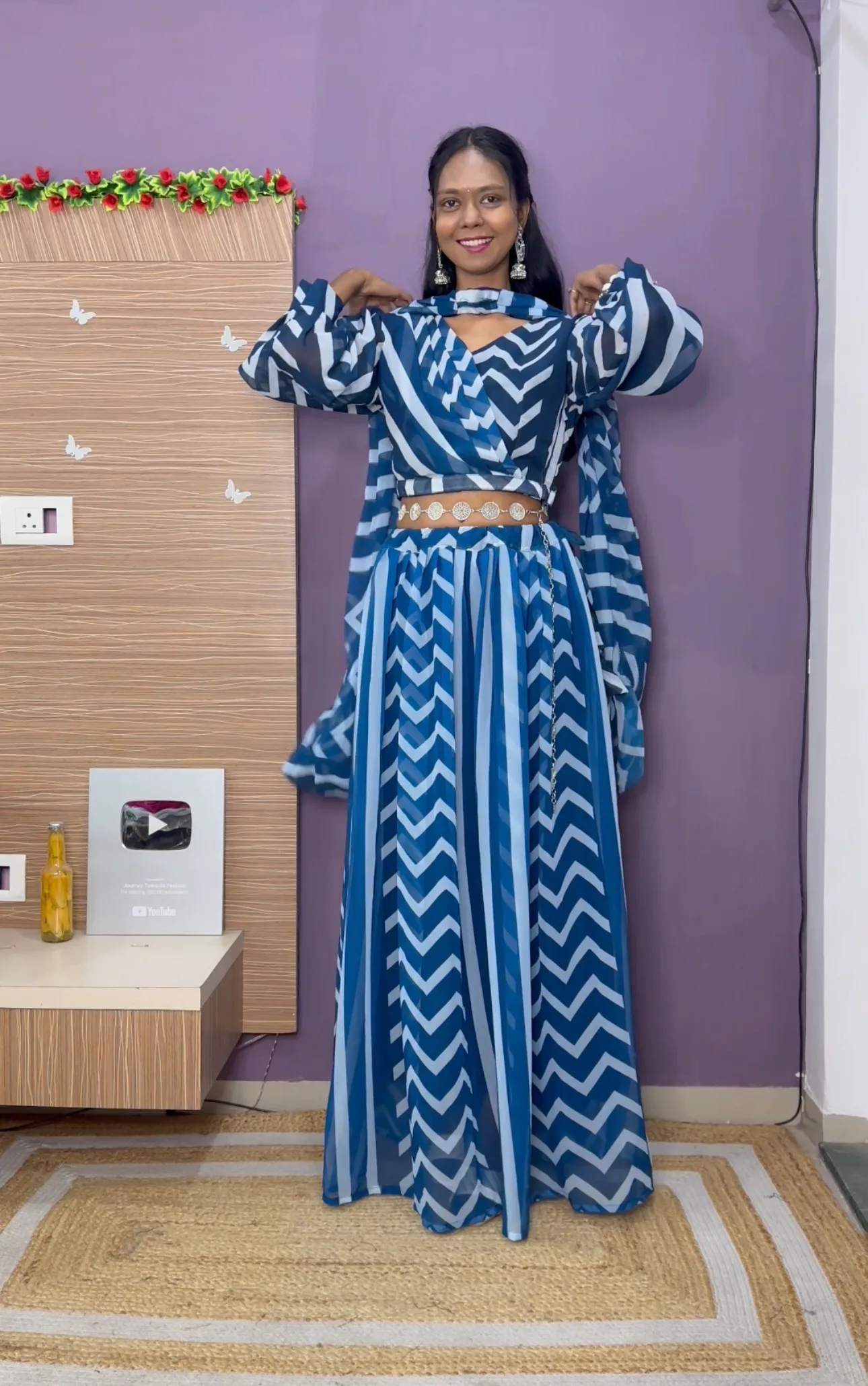 Fully Stitched Blue Stripped Lehenga Set